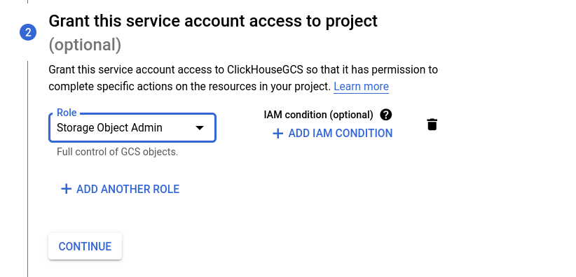 GCS에서 IAM 역할 Storage Object Admin 선택