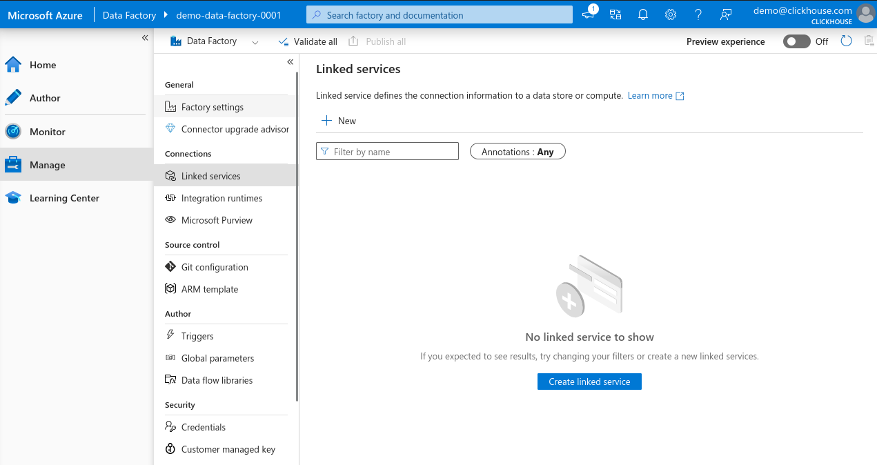 Azure Data Factory 새 Linked Service 버튼