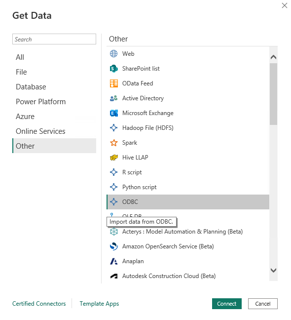 Other 범주 아래에서 ODBC 옵션이 선택된 Power BI Get Data 대화 상자